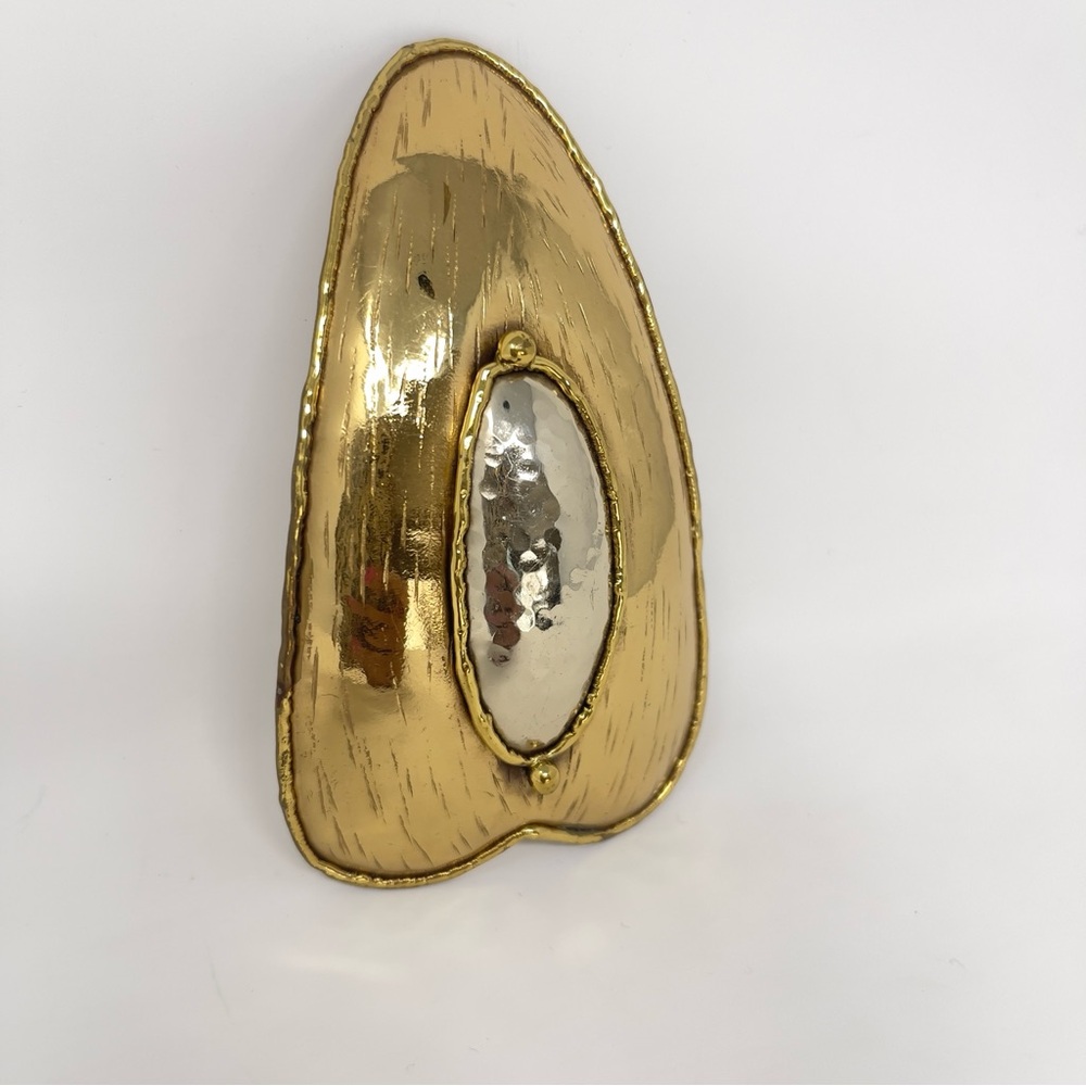 Vintage Gold Abstract Belt Buckle Hammered, Silver Center Statement - Picture 2 of 7